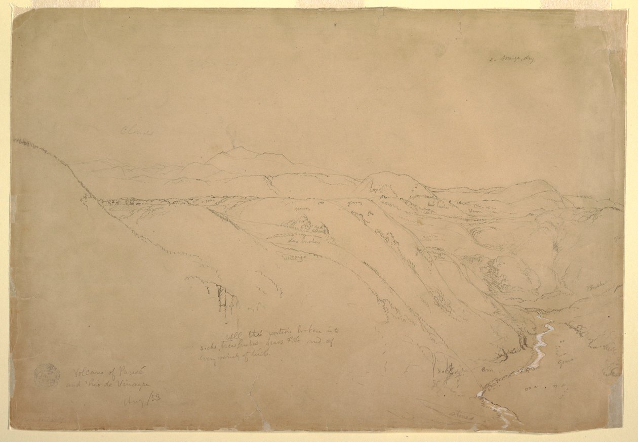 Dessin, Volcan Puresé et le Rio de Vinagre, Purese, Colombie, août 1853 - Frederic Edwin Church