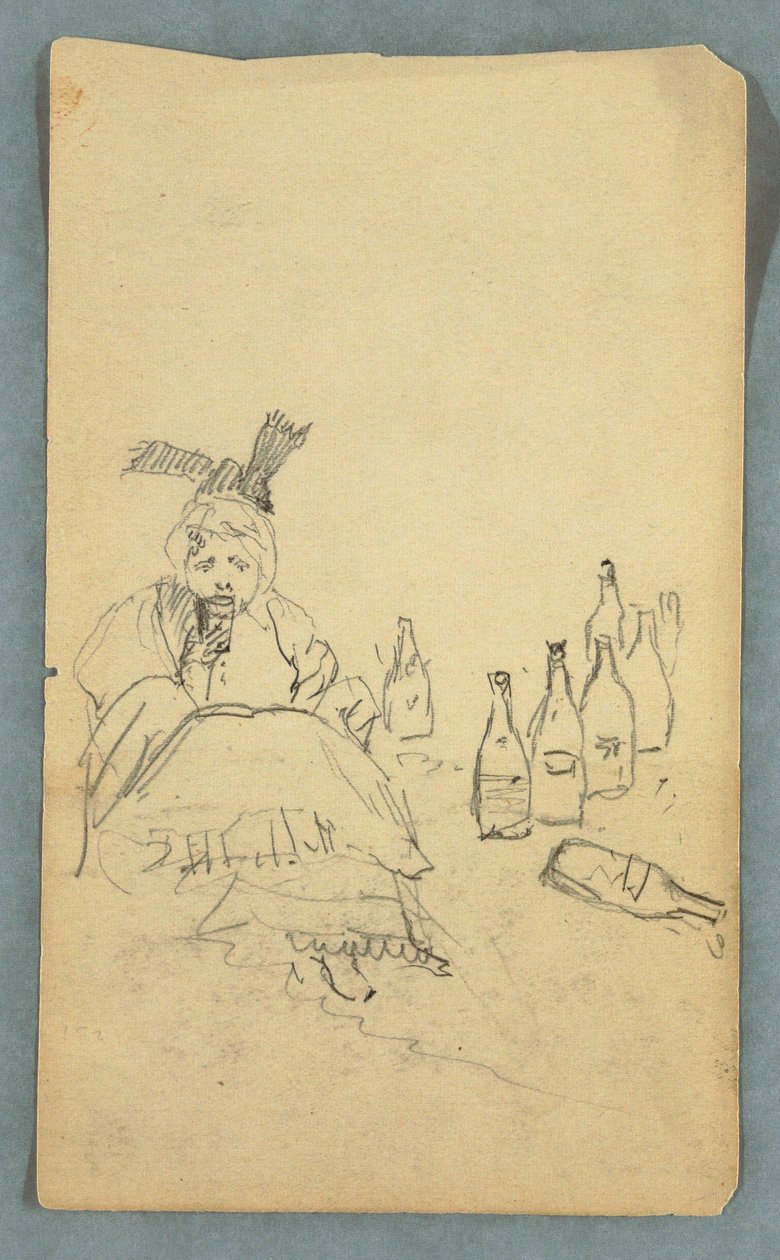 Dessin, Femme buvant, bouteilles de vin, recto ; Liste de courses pour l