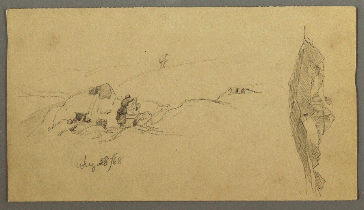 Dessin, femmes se lavant à un abreuvoir, montagnes, 28 août 1868 - Frederic Edwin Church