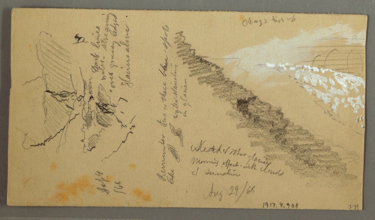 Dessin, femmes se lavant à un abreuvoir, montagnes, 28 août 1868 - Frederic Edwin Church