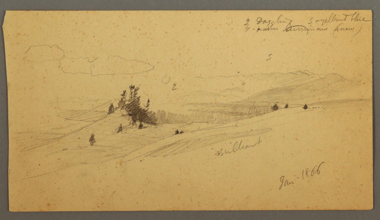 Dessin, colline boisée, vallée vallonnée, soleil, janvier 1866 - Frederic Edwin Church