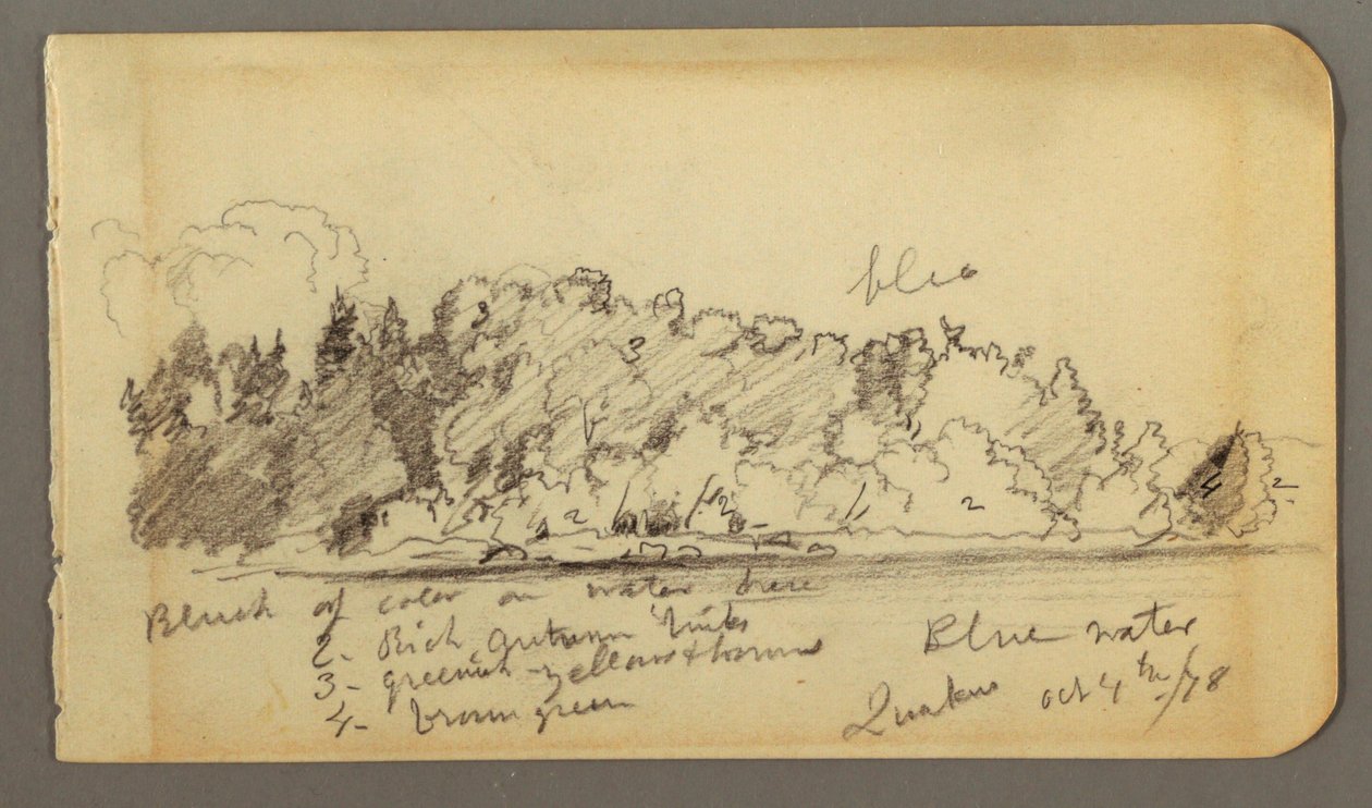 Dessin, rivage boisé, eau, 1878 - Frederic Edwin Church