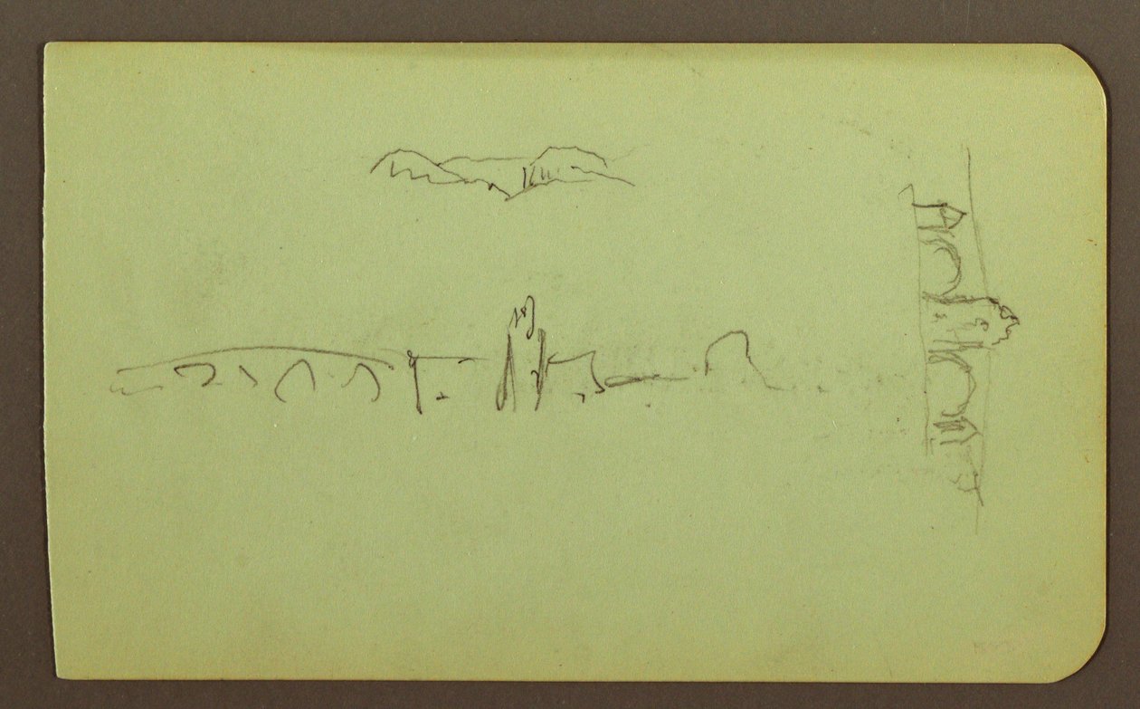 Dessin, collines, église, pont ; Verso : personnage, croix, église, 1883 - Frederic Edwin Church