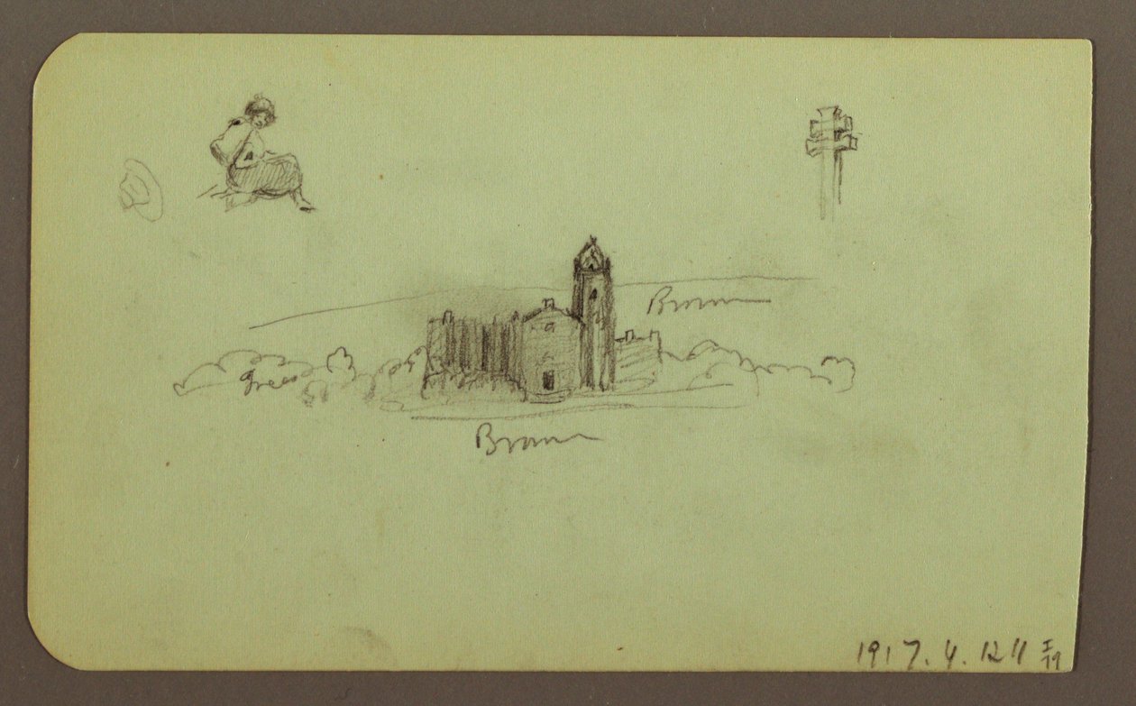 Dessin, collines, église, pont ; Verso : personnage, croix, église, 1883 - Frederic Edwin Church