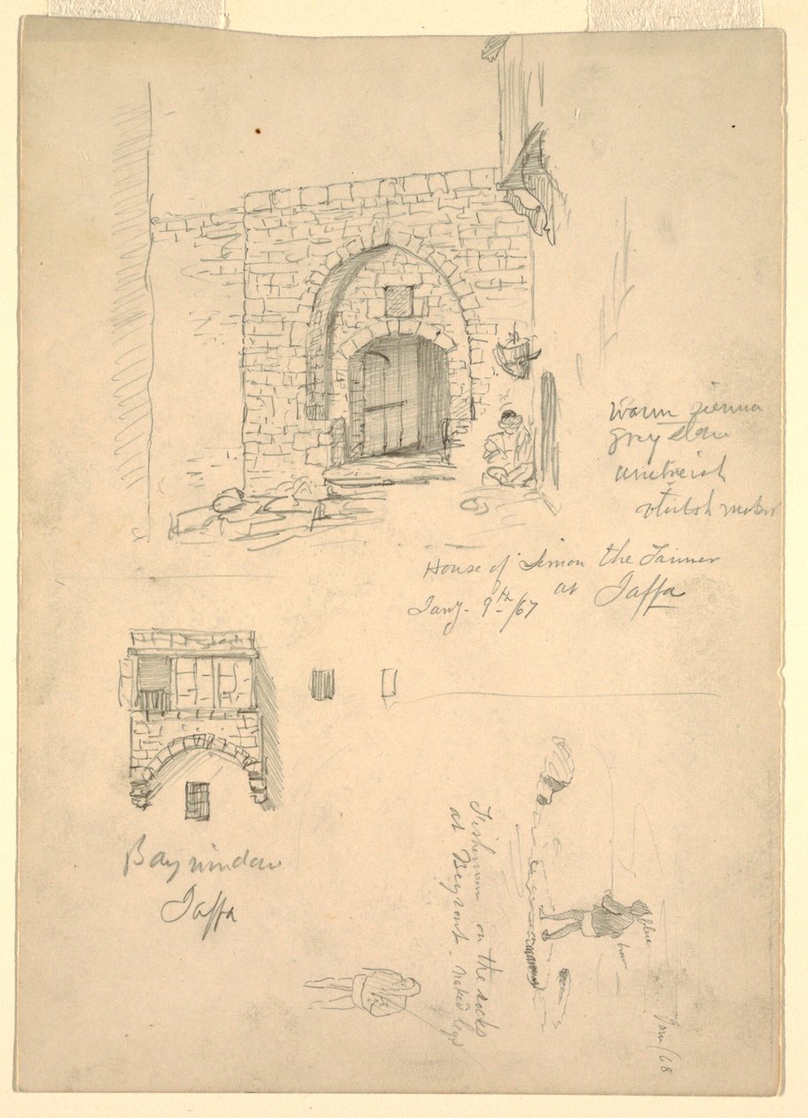 Croquis de la maison de Semon le tanneur, Jaffa, Palestine [Tel-Aviv, Israël] et pêcheurs sur les rochers à Beyrouth, Syrie [Beyrouth, Liban] - Frederic Edwin Church