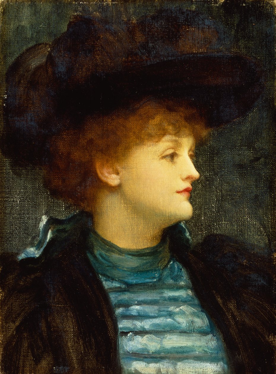 Portrait de femme en robe turquoise avec manteau et chapeau noirs - Frederic Leighton