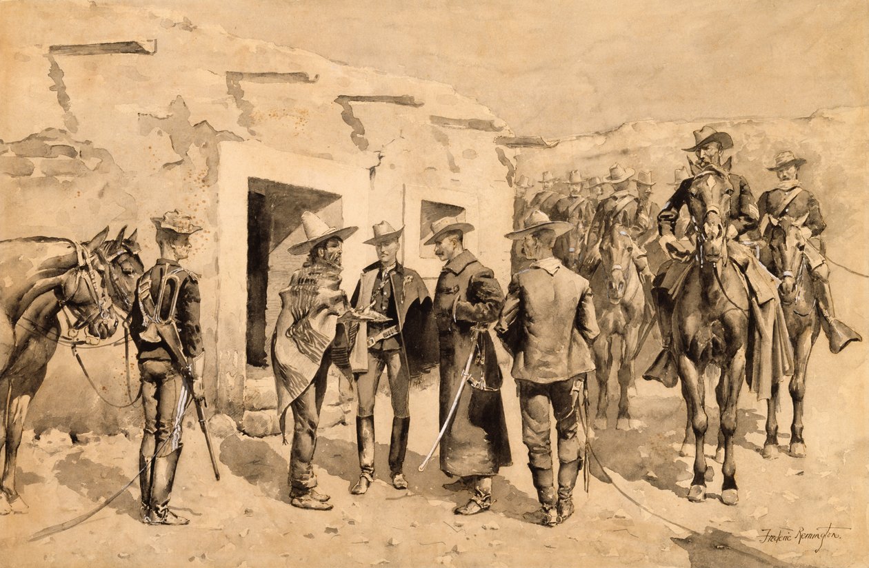 Cavalerie américaine chassant les hommes Garza sur le Rio Grande, c.1892 - Frederic Remington