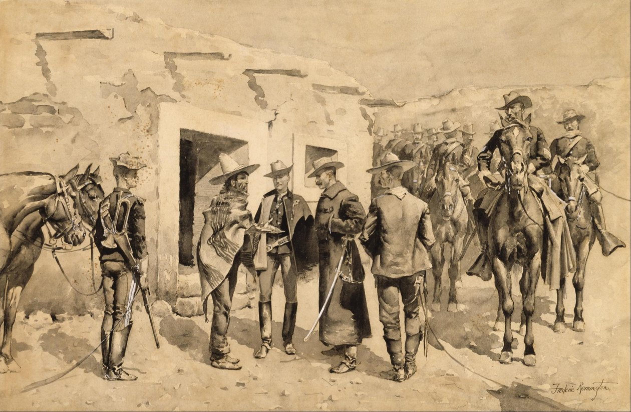 La cavalerie américaine traque les hommes de Garza sur le Rio Grande - Frederic Remington