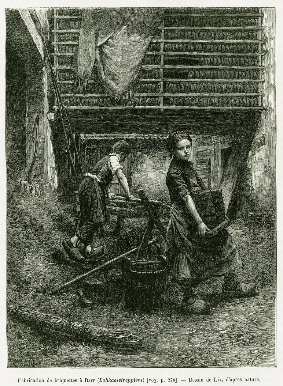 Travail des enfants dans la briqueterie, Barr. Gravure par Lix, pour illustrer l