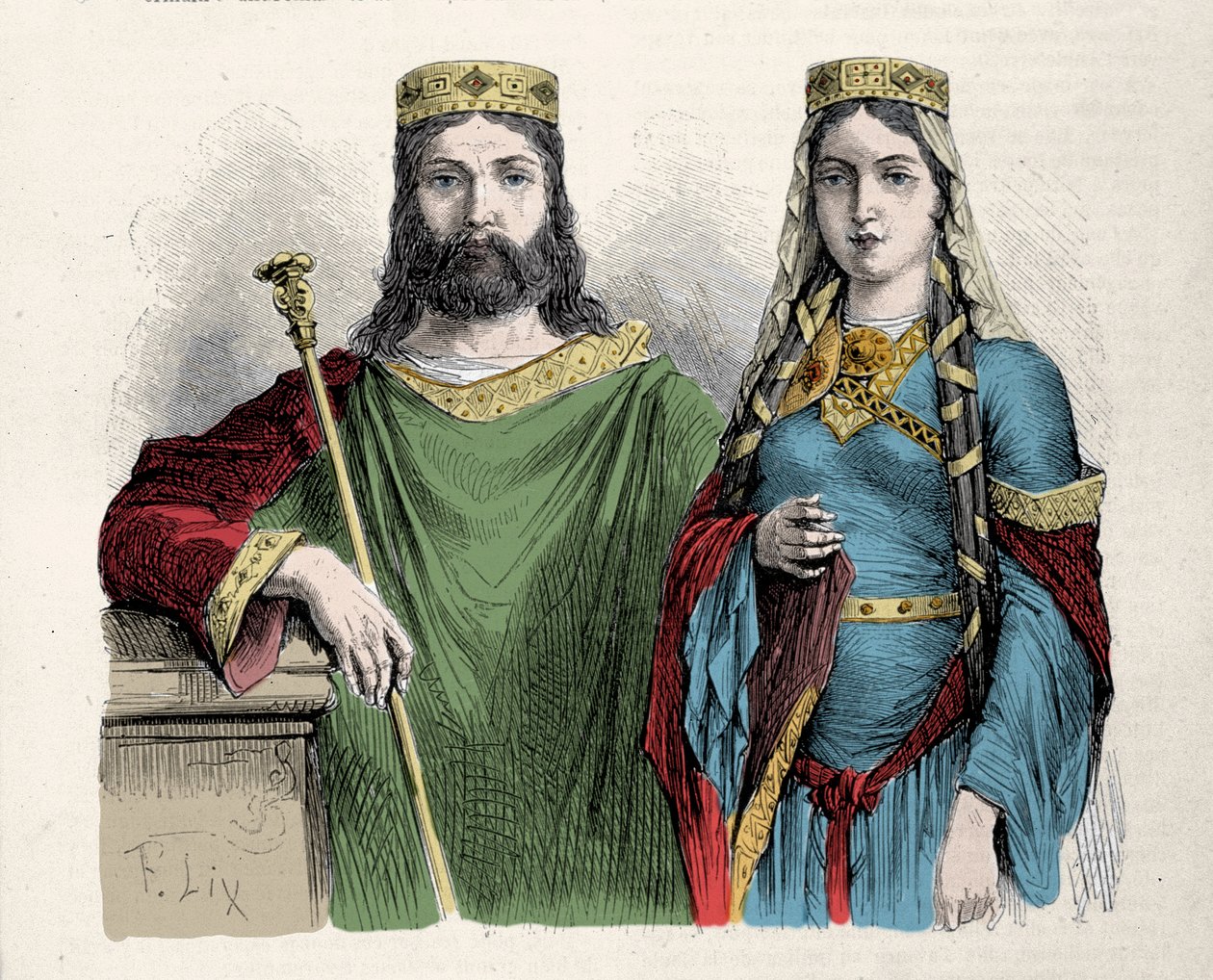 Clovis (481-511) roi des Francs avec sa seconde épouse Sainte Clotilde (Clothilde) reine. Gravure par Lix - Frederic Theodore Lix