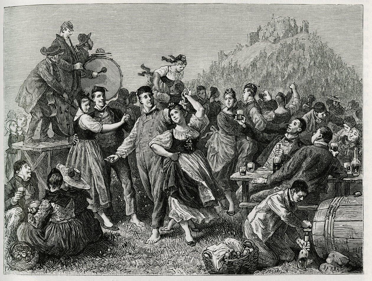 Fête des pâtres au Hohneck (Vosges), dimanche après Saint-Jean. Gravure de F.Lix, pour illustrer le récit « À travers l