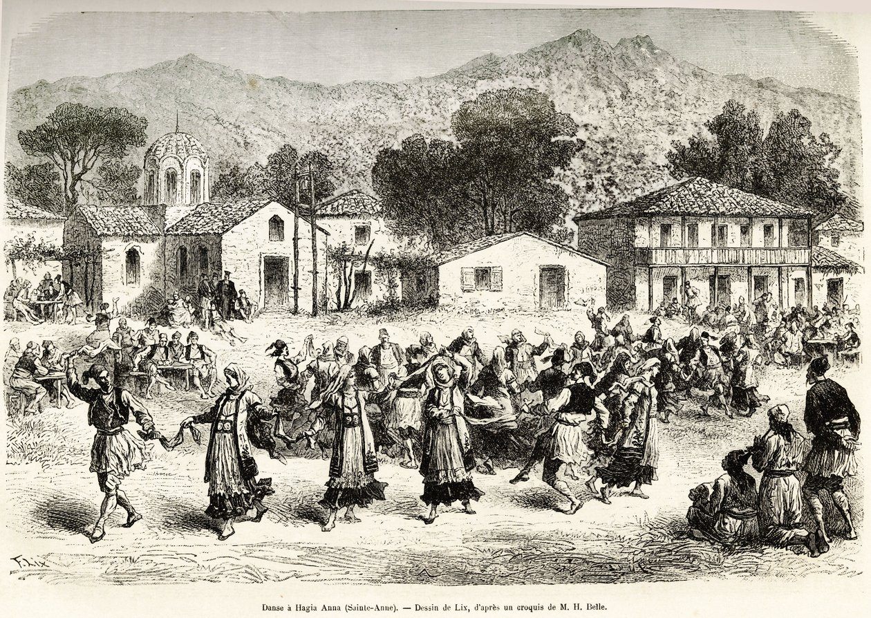 Danse folklorique sur la place du village Haggia Anna (Sainte-Anne). Gravure d