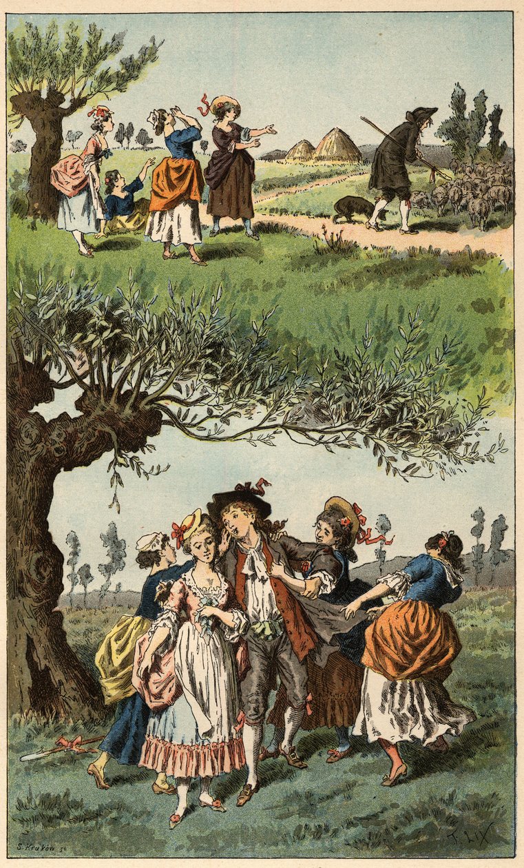 Chanson populaire : « Nous étions trois filles ». Illustration par Frédéric Théodore Lix (1830-1897) dans « Chansons et rondes enfantines des provinces de la France » - Frederic Theodore Lix