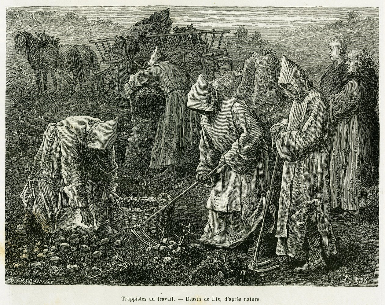 Trappistes au travail. Gravure par Lix pour illustrer l