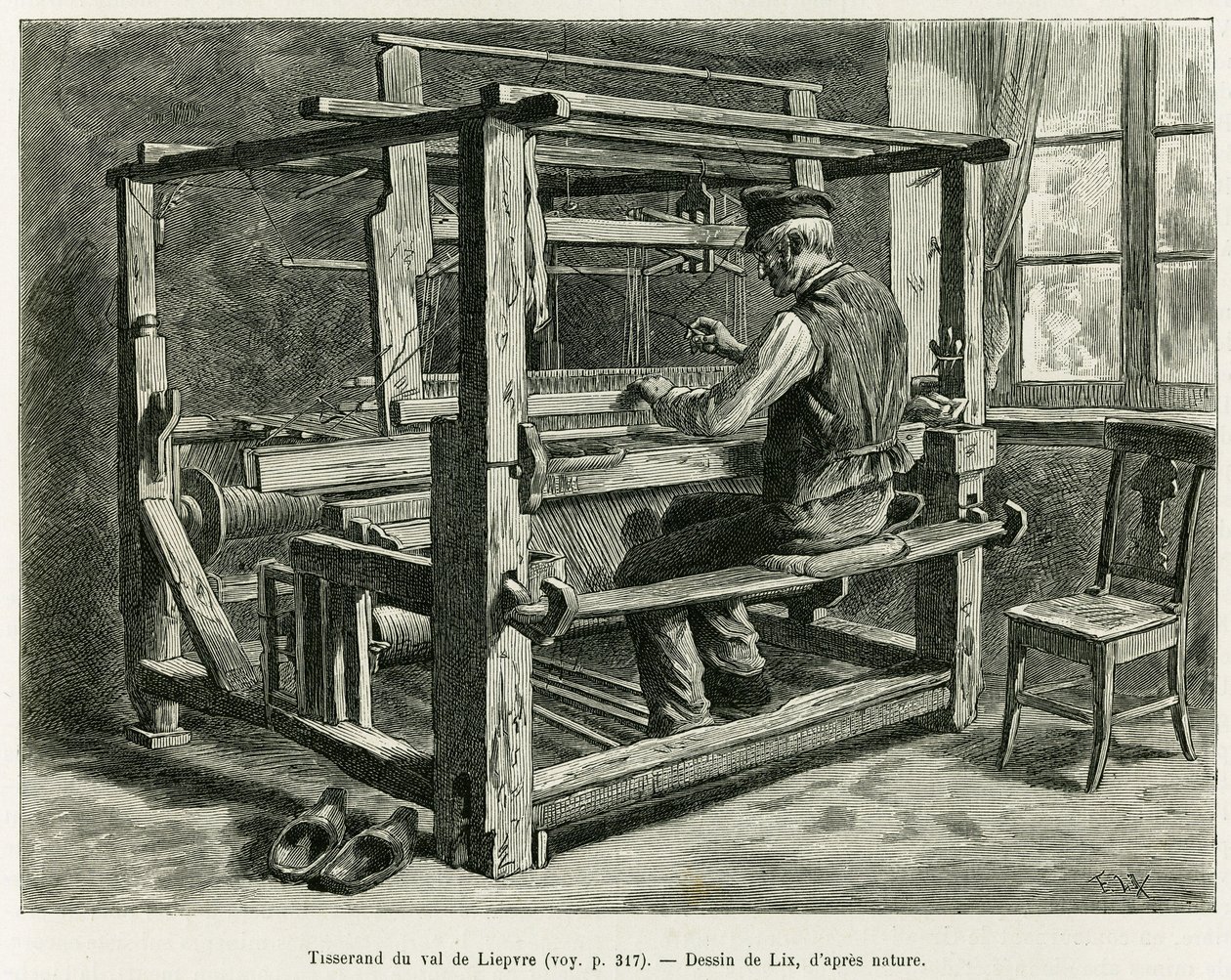 Tisserand de la vallée de Liepvre. Gravure de Lix, pour illustrer le récit À travers l