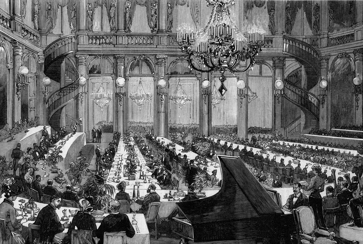 Dîner-concert dans la salle de fête du Grand Hôtel de Paris. Gravure de De Haenen dans "Le Monde Illustré" n°1250 du 12 mars 1881 - Frederic de Haenen