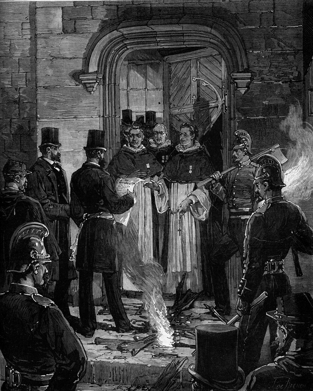 Expulsion des Dominicains de la rue de Jean de Beauvais à Paris suite aux décrets de mars 1880 pris par Jules Ferry et supprimant le droit d