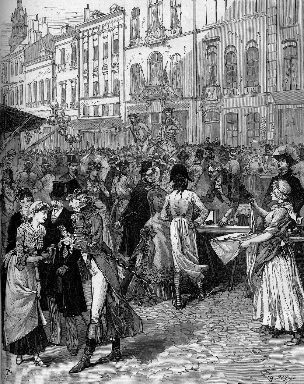 Célébration historique de la commémoration du siège de Lille en 1792 : la Braderie Watteau (grande foire) dans les rues de la ville avec les habitants à la mode du XVIIIe siècle. Gravure de De Haenen dans "Le Monde Illustré" n°1334 du 21 octobre - Frederic de Haenen