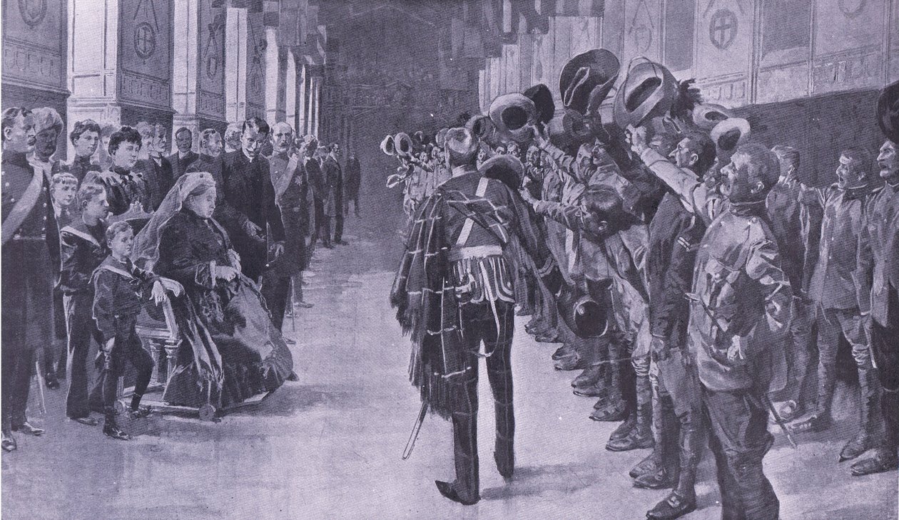 La reine Victoria inspectant les coloniaux invalides dans la salle St Georges, Windsor, illustration de Après Pretoria : La guerre de guérilla, 1902 - Frederic de Haenen