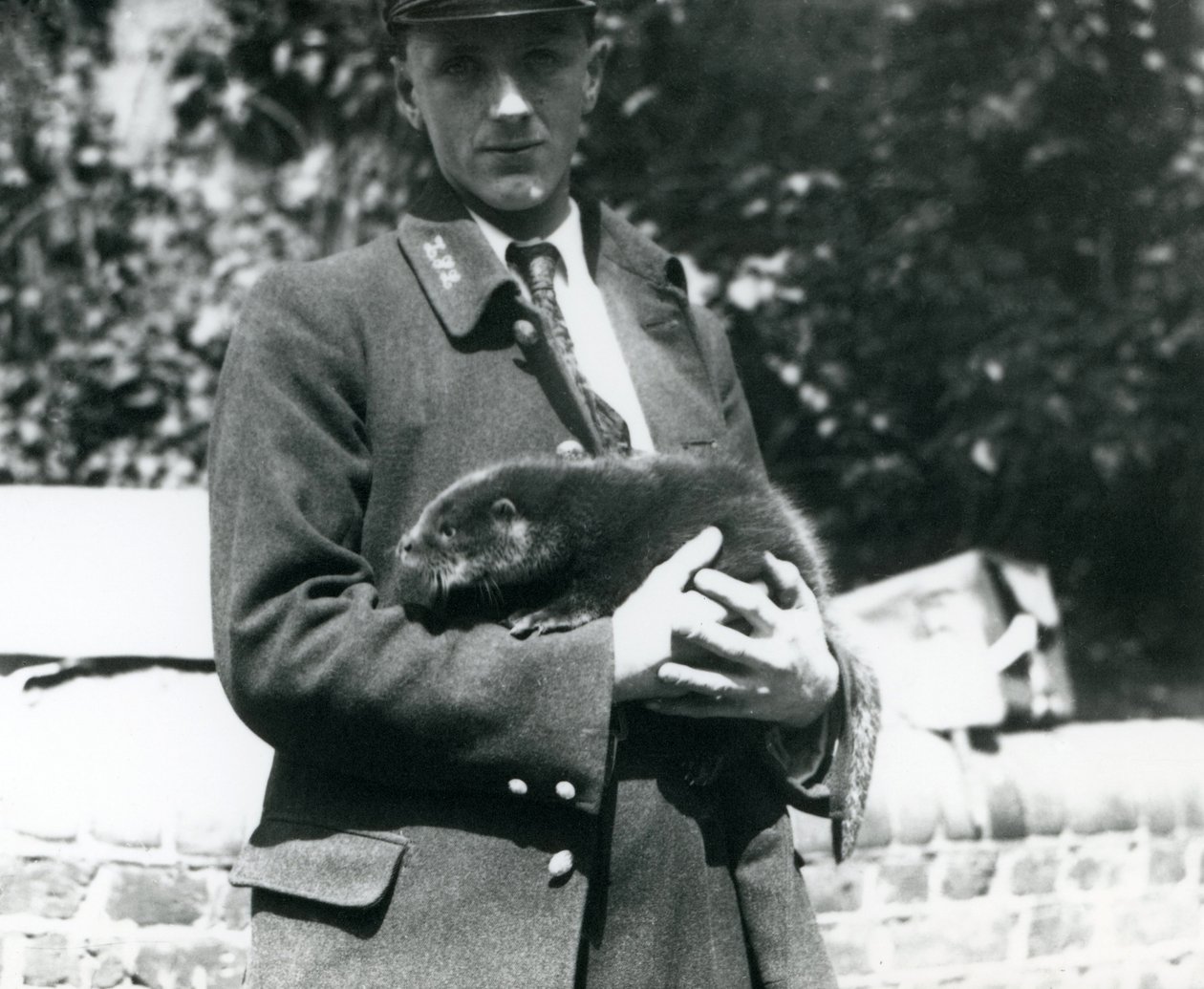 Le gardien Leslie Martin Flewin berce un bébé loutre dans ses bras au zoo de Londres, juin 1922 - Frederick William Bond