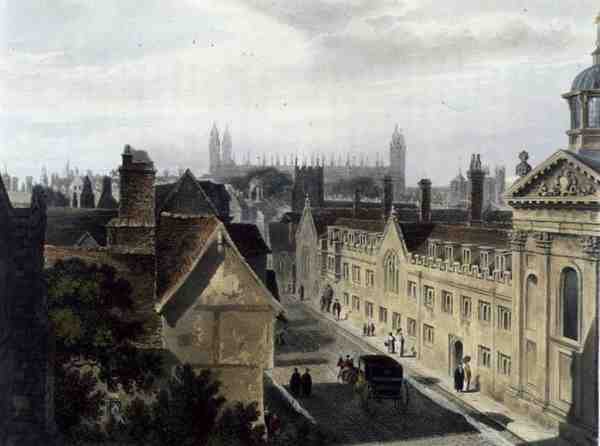 Extérieur du Pembroke College, depuis une fenêtre de Peterhouse, Cambridge, de 