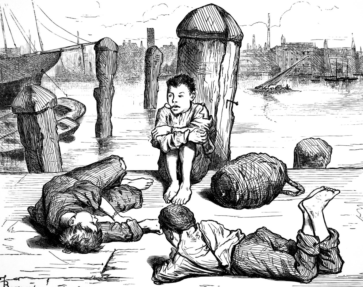 Garçons démunis de Londres passant le temps en fumant - Frederick Barnard