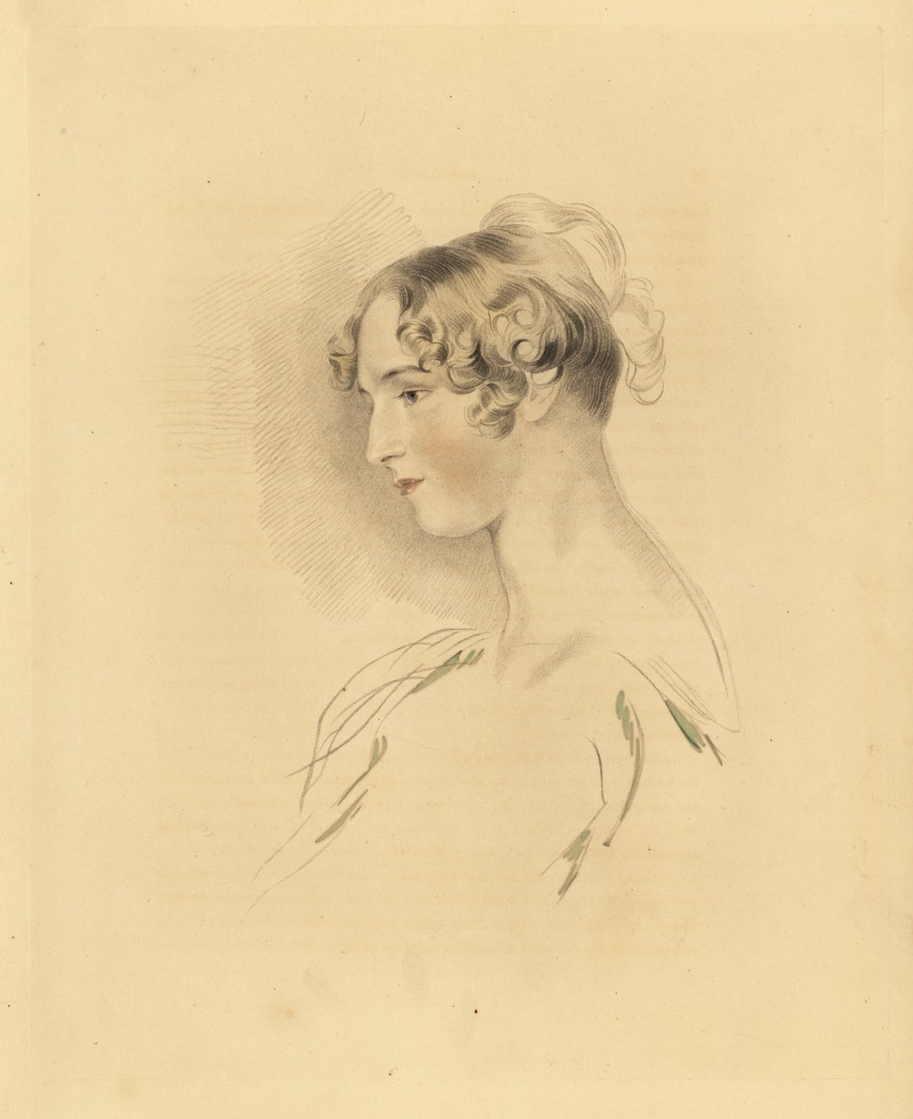 Portrait de Mary Isabella Bloxam jeune femme, nièce de Sir Thomas Lawrence. Avec ses cheveux relevés et bouclés, en robe décolletée. Gravure de Frederick Christian Lewis d