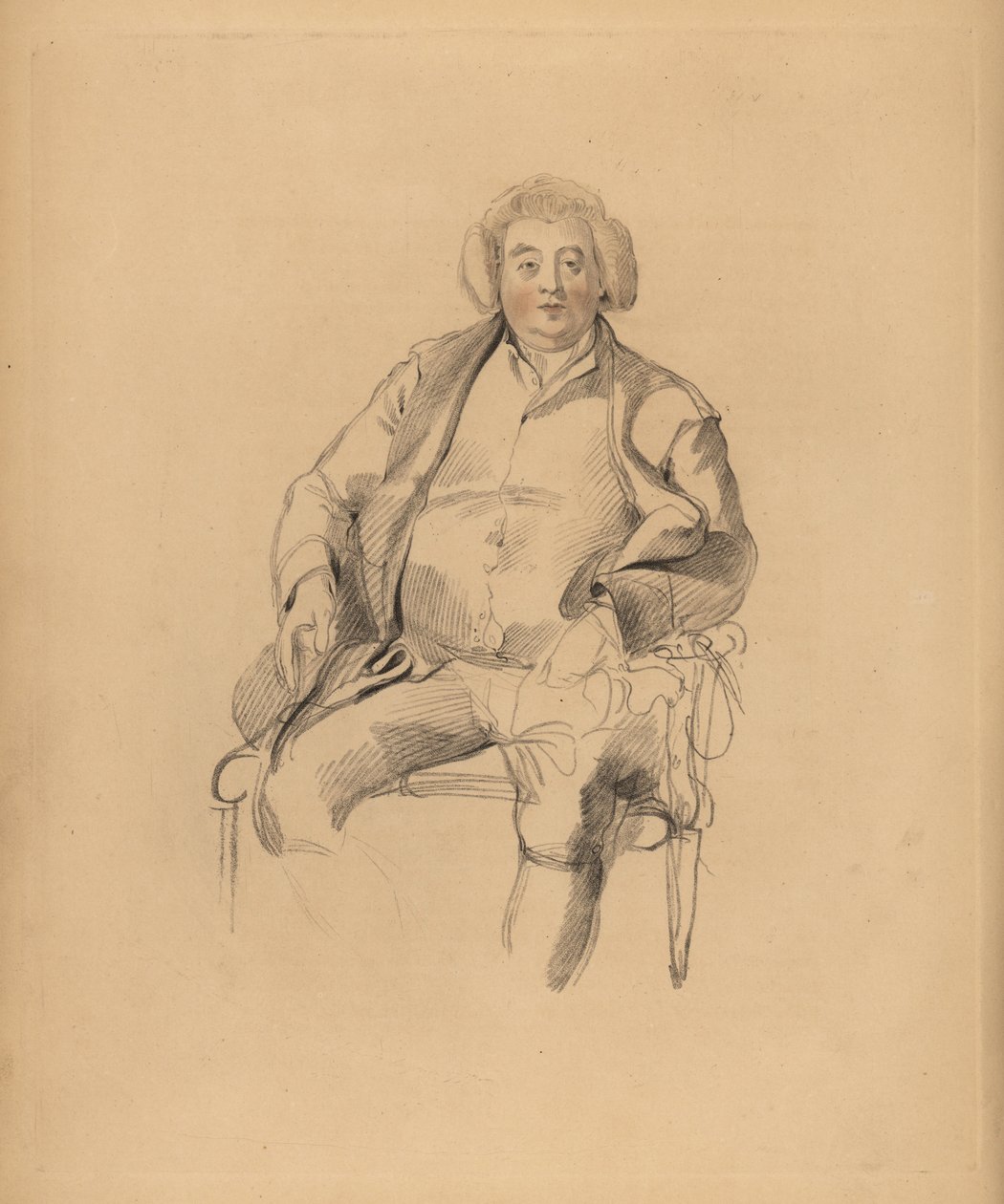 Portrait du père de Sir Thomas Lawrence, aubergiste Thomas Lawrence. Homme corpulent en perruque assis sur une chaise. Gravure à la main par Frederick Christian Lewis d