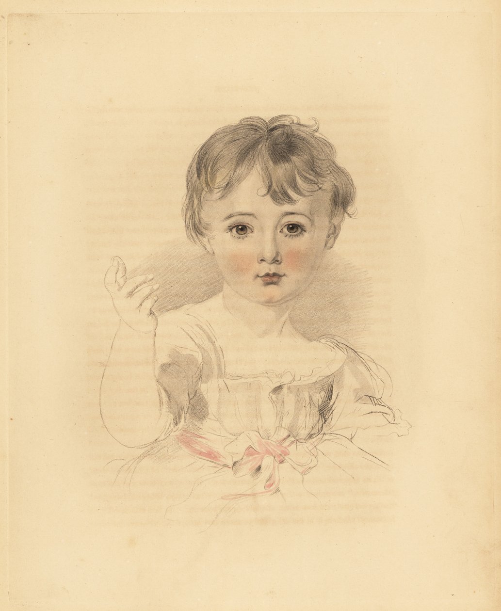 Portrait de Thomas Lawrence Bloxam, neveu de Sir Thomas Lawrence. En robe nouée avec un ruban rose. Gravure à la main par Frederick Christian Lewis d