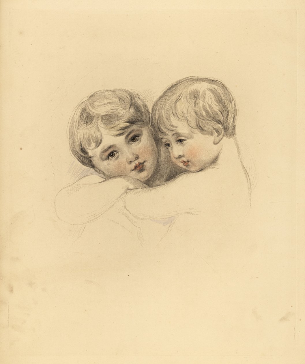 Portrait des enfants Calmeady dans une étreinte. Gravure colorée à la main par Frederick Christian Lewis d