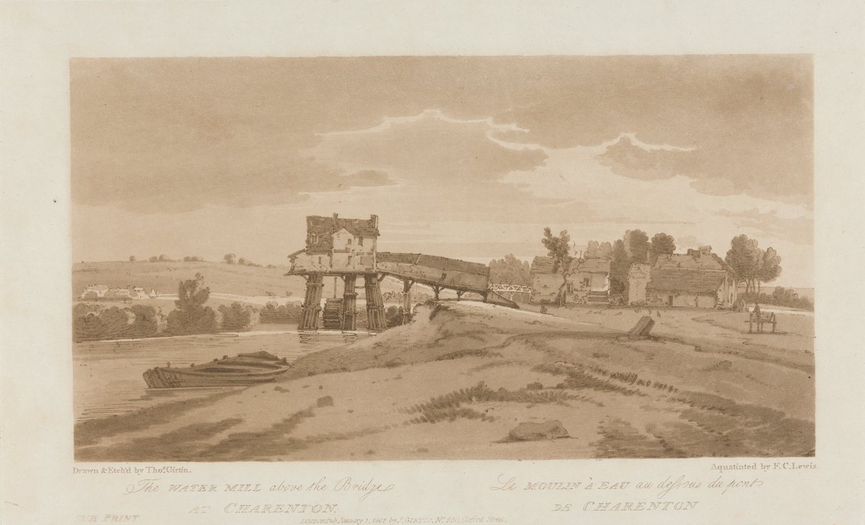 Le moulin à eau au-dessus du pont de Charenton 1803 ; Planche 20 des Vues de Paris, le volume Emmanuel traçant la planche B181.25.2629 - Frederick Christian Lewis the Elder