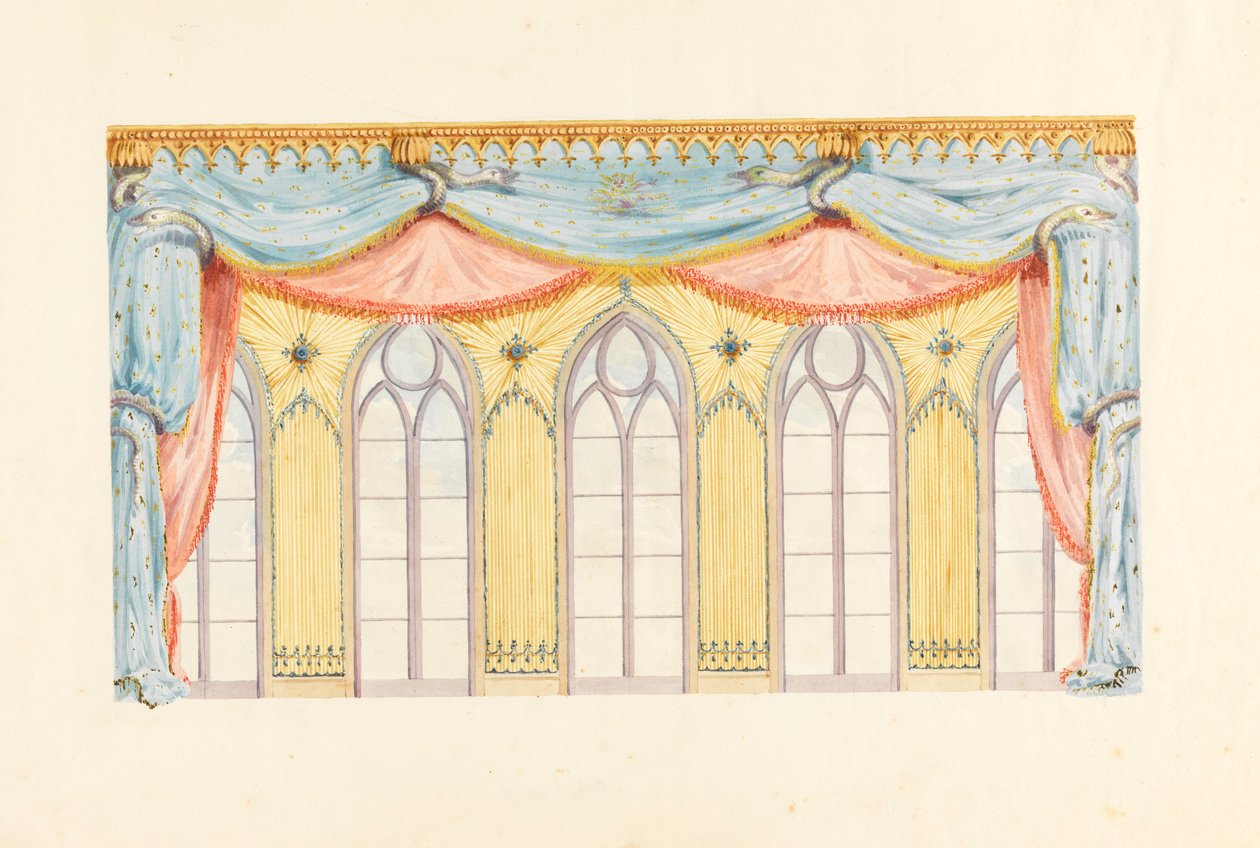 Dessin, décoration de fenêtre, probablement pour le mur est de la salle de musique, Pavillon royal, Brighton, 1820 - Frederick Crace