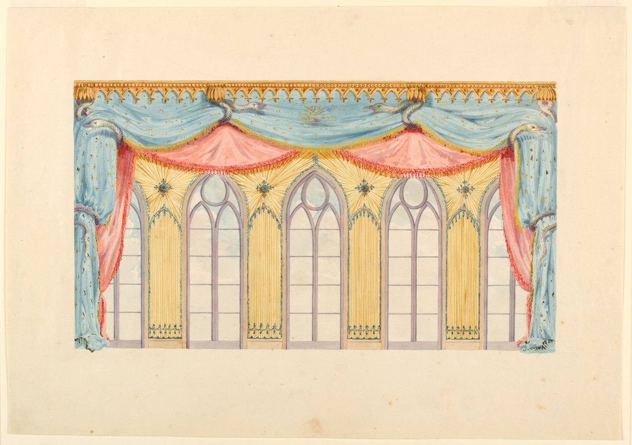 Dessin, décoration de fenêtre, probablement pour le mur est de la salle de musique, Pavillon royal, Brighton, 1820 - Frederick Crace