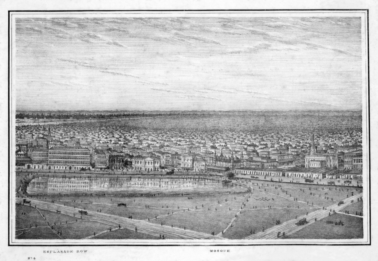 Esplanade Row et mosquée, panorama de Calcutta, Inde, vers 1840 - Frederick Fiebig