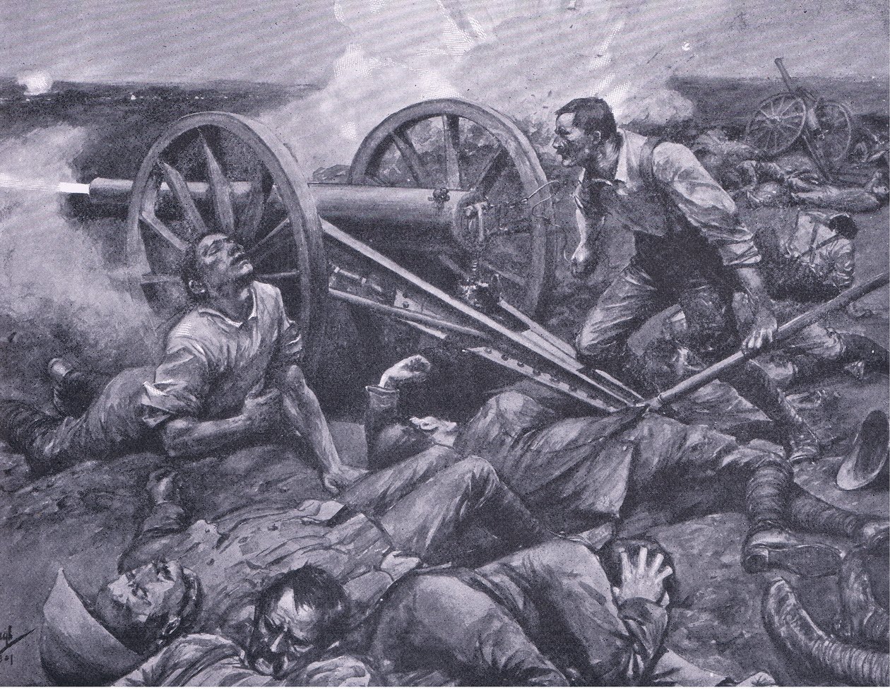 La défense de Dewetsdorp : manœuvrer un canon de 15 livres seul, illustration de Après Pretoria : La Guerre de guérilla - Frederick Judd Waugh