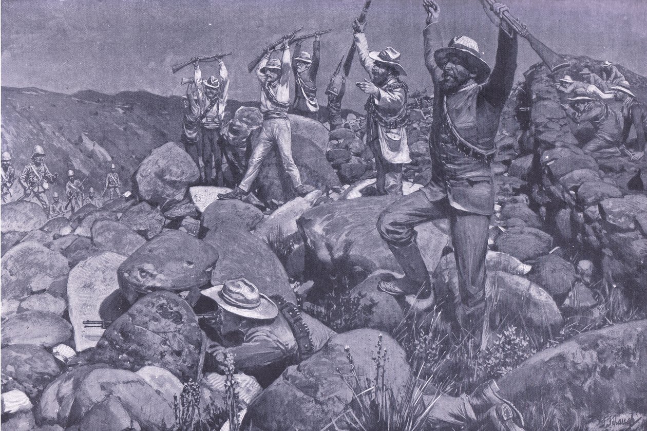 La reddition feinte qui a attiré les Liverpools dans une position désespérée, illustration de Après Pretoria : La guerre de guérilla, 1902 - Frederick Judd Waugh
