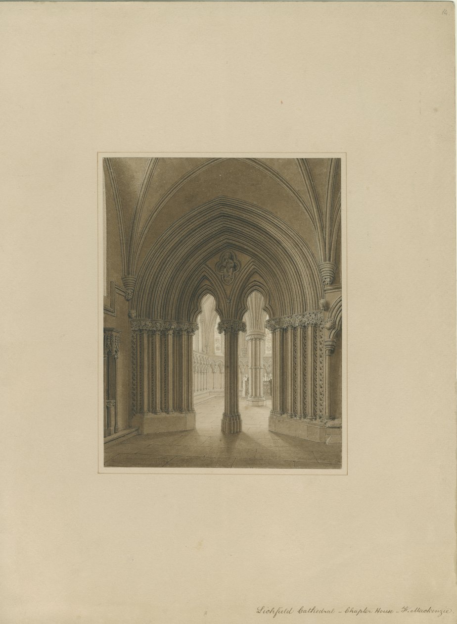Intérieur de la cathédrale de Lichfield - Porte de la salle capitulaire : dessin sépia, nd [vers 1820] - Frederick Mackenzie
