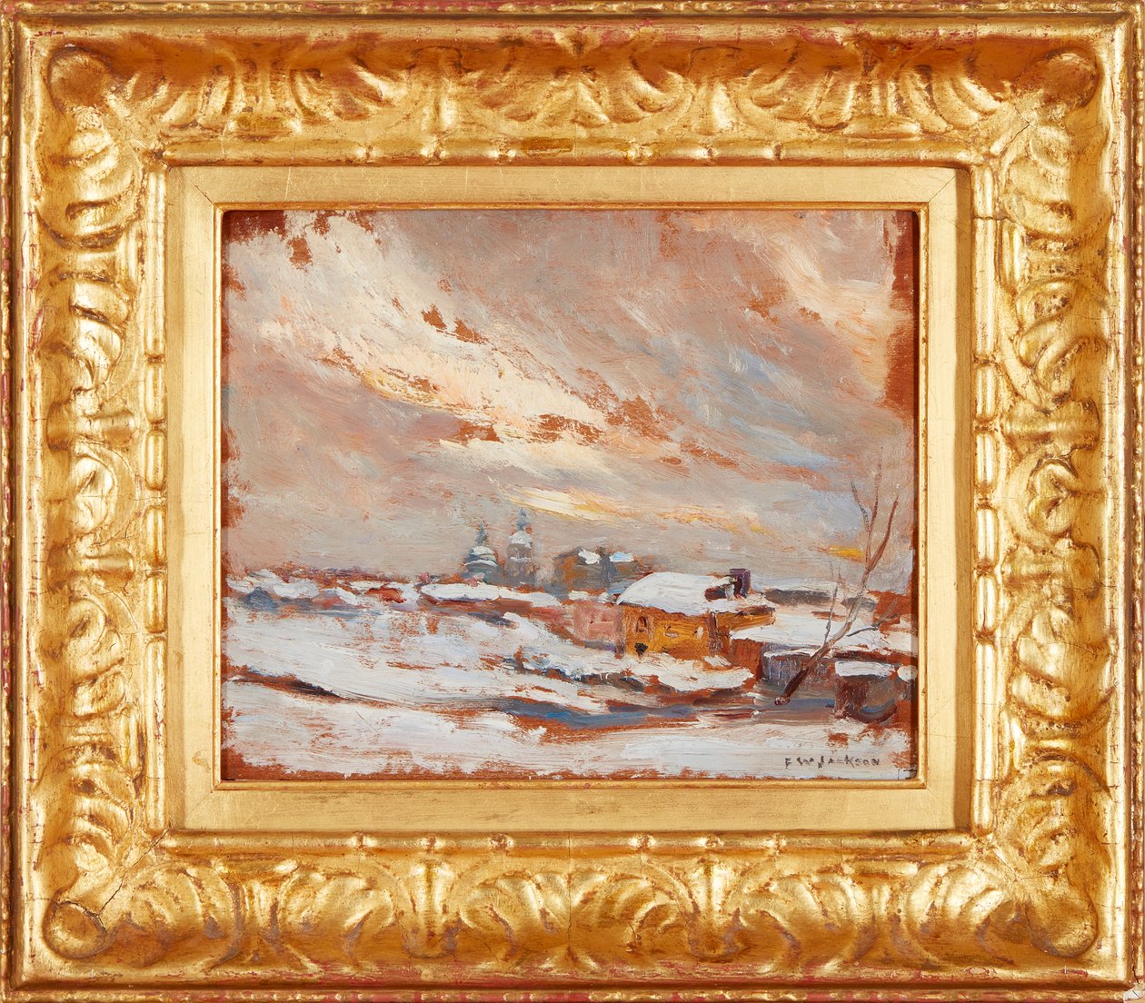 Paysage hivernal avec coupoles lointaines, Russie (huile sur panneau) - Frederick William Jackson