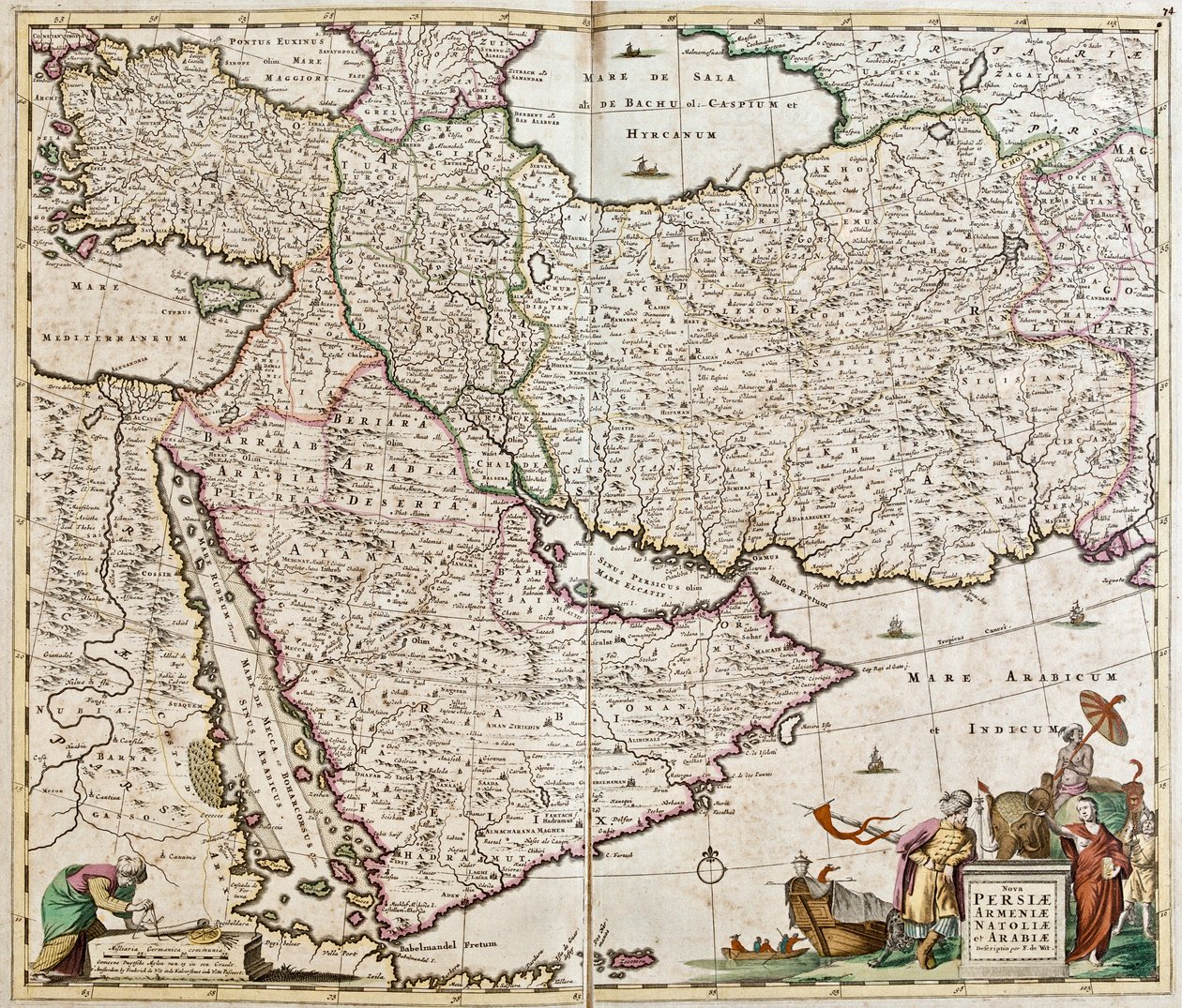 Carte de la Perse (Iran), Arménie, Anatolie (Turquie) et Arabie (péninsule arabique : Arabie Saoudite, Koweït, Émirats Arabes Unis, Oman, Qatar, Yémen, Bahreïn) - Frederick de Wit