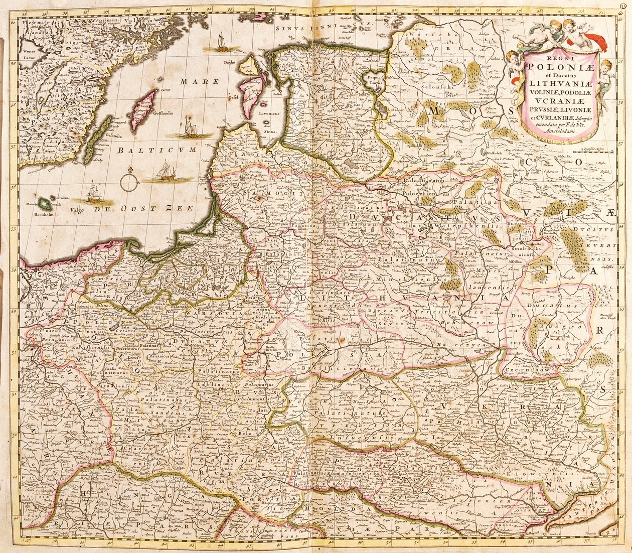 Carte du Royaume de Pologne, Duché de Lituanie et Livonie (Pays Baltes) et Ukraine - Frederick de Wit