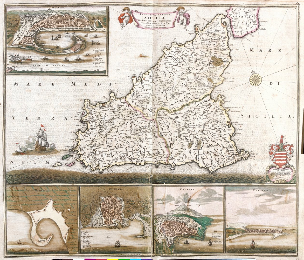 Carte du Royaume de Sicile (Italie), avec vues des villes de Messine, Milazzo, Palerme, Catane et Trapani - Frederick de Wit
