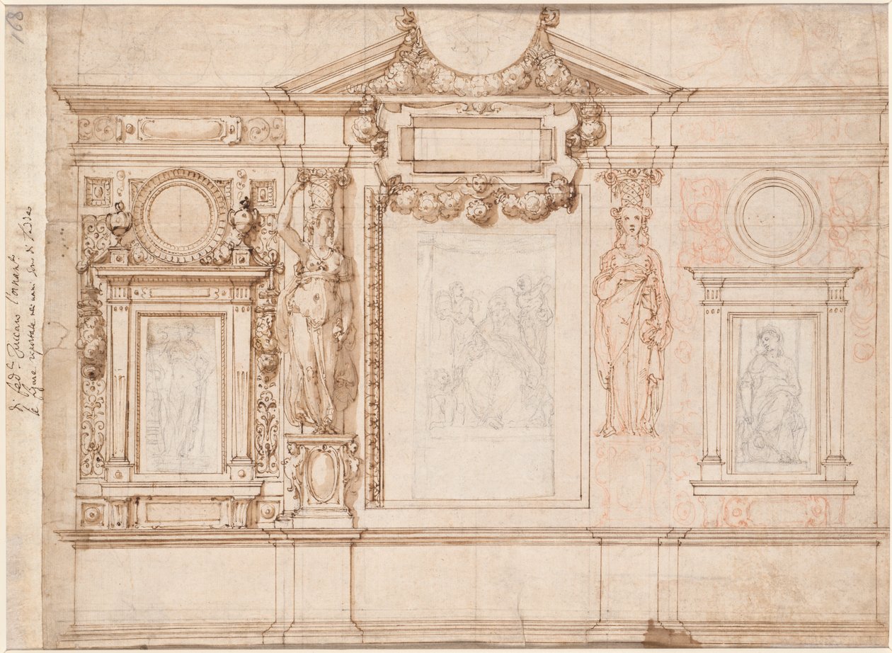 Conception pour une décoration murale avec des croquis collés après Raphaël verso, vers 1580s-90s - Frederico Zuccaro