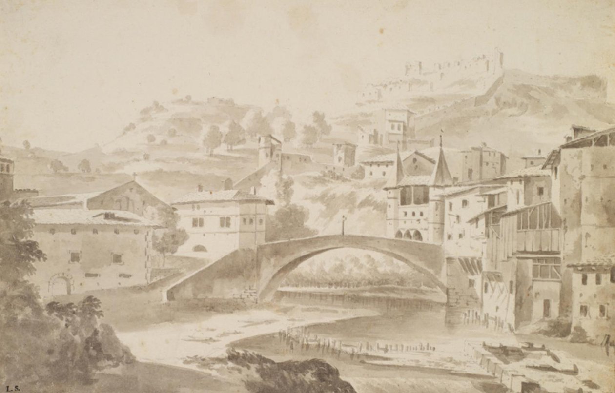 Vienne, près de Lyon. Pont Saint-Martin sur la rivière Gère. À gauche, Prieuré de Saint-Martin, à droite, Porte de la Rochette et château Pipet - Frederik de Moucheron