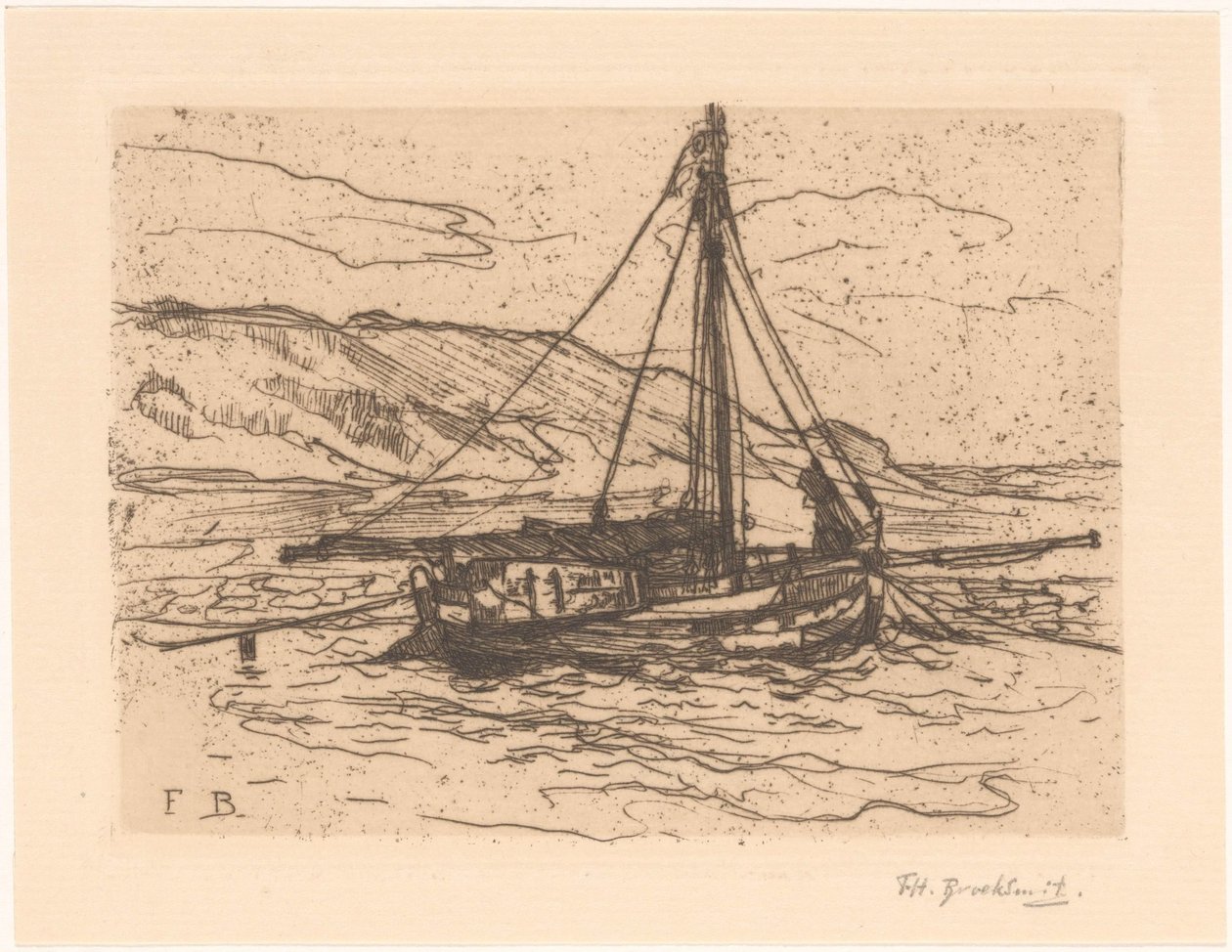 Bateau de crevettes en mer - Frederika Henriëtte Broeksmit (signed by artist)