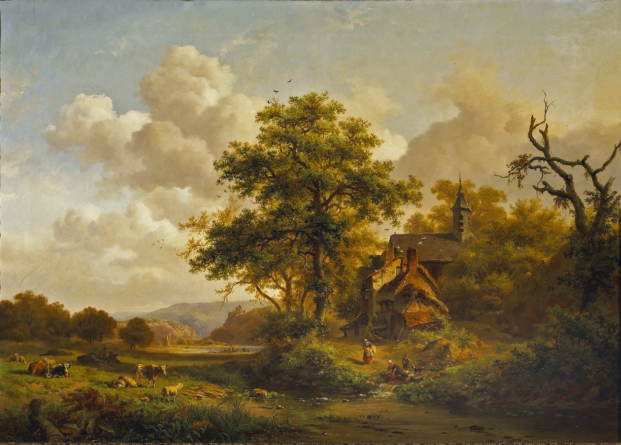 Un paysage tranquille avec des femmes se lavant au bord d