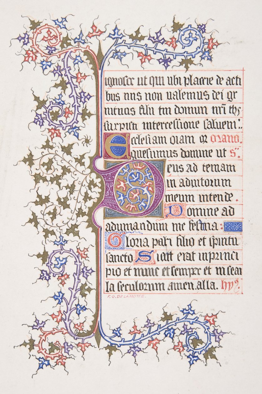 Feuille illuminée avec initiale E recto, bordure de vigne verso - Freeman Gage Delamotte