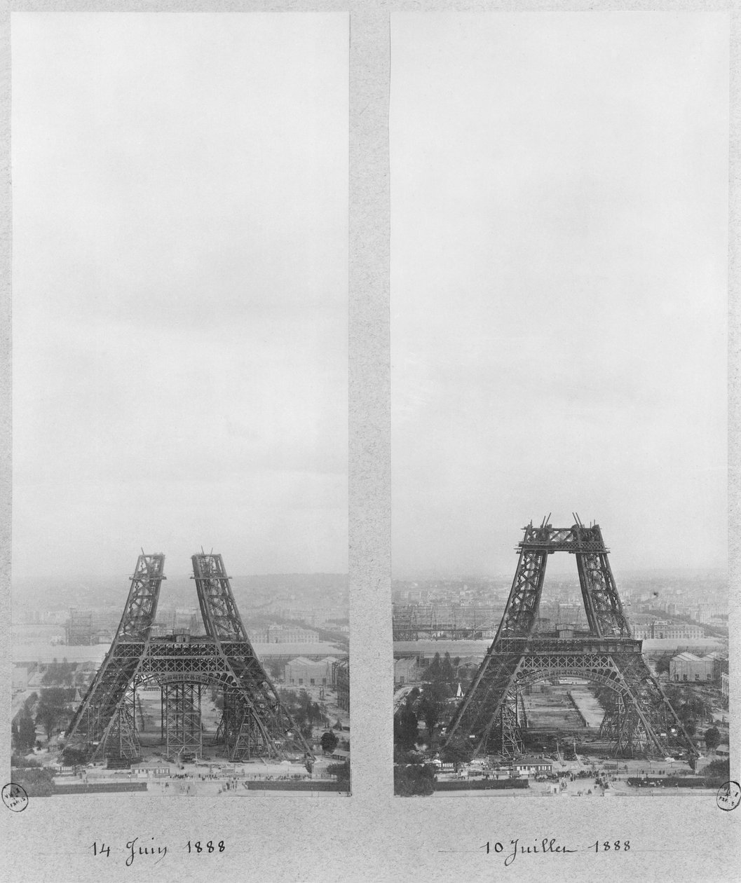 Deux vues de la construction de la Tour Eiffel, Paris, 14 juin et 10 juillet 1888 - French Photographer