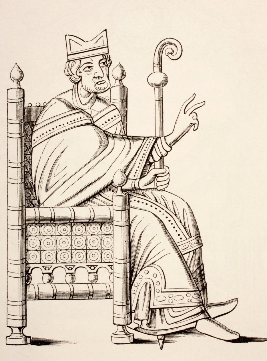 Un évêque ou abbé assis dans une chaise avec mitre et crosse, 1873 - French School