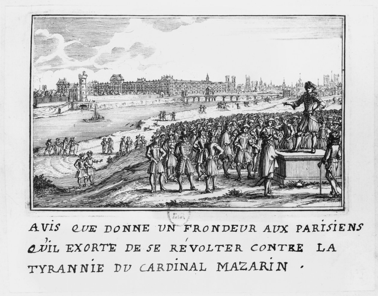 Un homme de la Fronde exhortant les Parisiens à se soulever contre la tyrannie du cardinal Mazarin le 6 janvier 1649 - French School