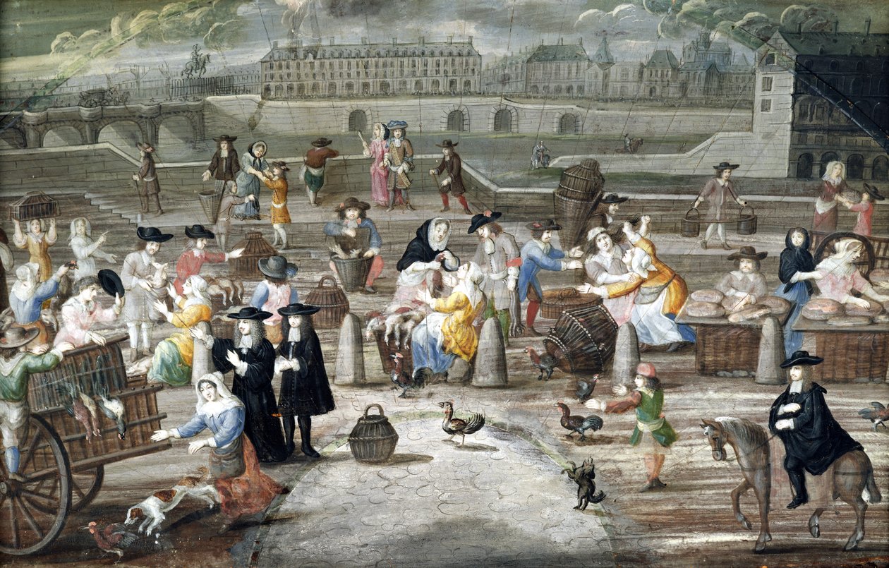 Marché de pain et de volaille sur le quai des Grands Augustins, peint pour un éventail - French School